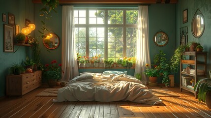 A bedroom with a bed next to a large window with sheer white curtains dancing gently in the breeze
