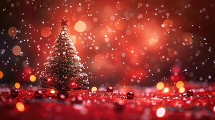 Christmas Background with Xmas Tree and Sparkle Bokeh Lights on Red Canvas. Merry Christmas Greeting Card with Winter Holiday Theme