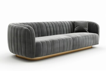 Fototapeta premium Grey modern fabric sofa white background side view Contemporary couch minimalist style home design