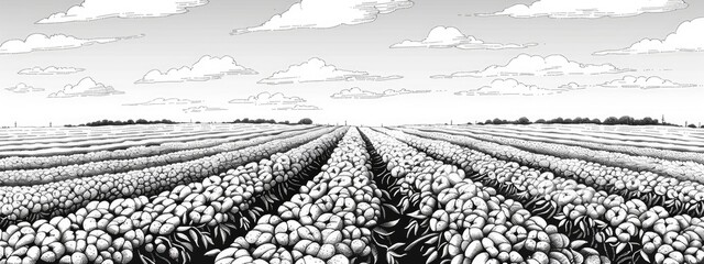 Sketch illustration of a cotton field. The cotton is planted in even rows all the way to the horizon.