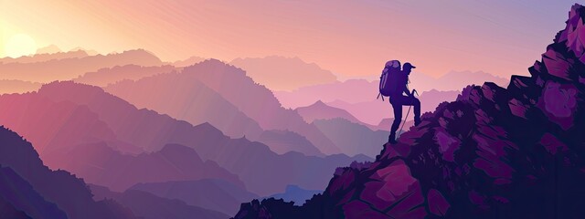 Silhouette illustration of a mountain landscape with a man climbing a mountain.
