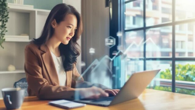 A businesswoman working on real estate analytics at a laptop, with digital house icons and a cityscape in the background. The image conveys themes of real estate, technology, and business strategy. 