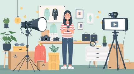 A young woman standing in a room with a camera, tripod, and lighting equipment.
