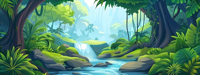 A rainforest landscape with a river flowing through it. Cartoon illustration.