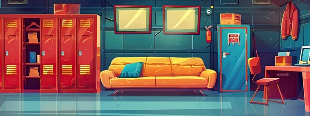 Interior of a recreation room at the fire station with a sofa and lockers for clothes. Cartoon illustration.