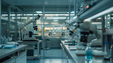 A lab with two microscopes and a lab bench