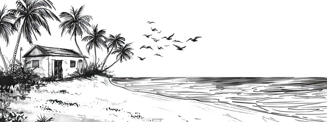 Obraz premium The beach house stands on the ocean shore surrounded by palm trees. Sketch illustration.