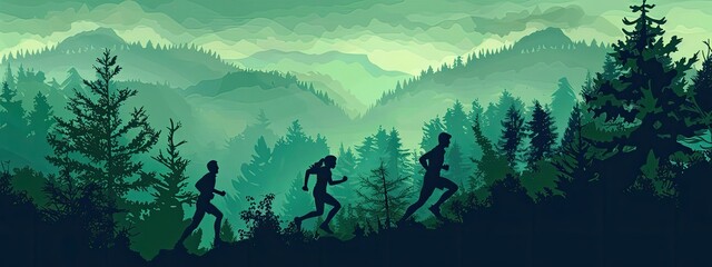 Man and a woman in sports uniform running down a mountain slope. Silhouette illustration.