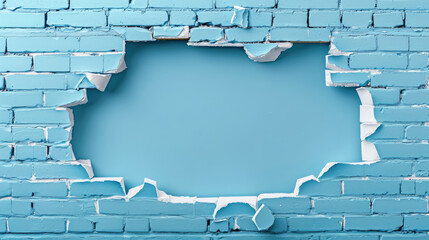 Damaged blue brick wall with a hole