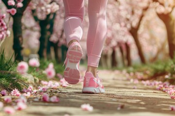 Woman in pink leggings walking among cherry blossoms on a scenic path in full bloom A beautiful spring stroll