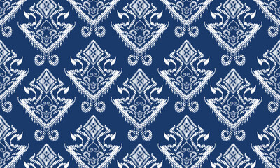 Hand draw Ethnic geometric fabric pattern .Ikat embroidery Ethnic oriental Pixel pattern.Aztec style abstract vector illustration.blue background.great for textiles, banners, wallpapers.