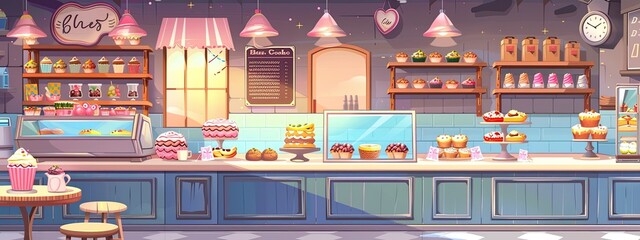 The interior of a bakery with a counter with pastries with donuts, cupcakes and cakes. Cartoon illustration.