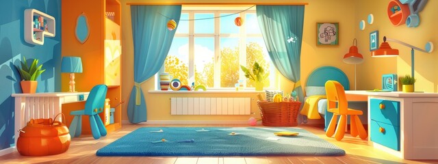 the interior of a cozy children's room with a window decorated in bright colors. Cartoon illustration.