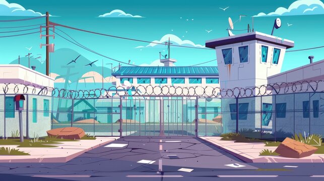 The prison building is surrounded by barbed wire. Prison territory. Cartoon illustration.