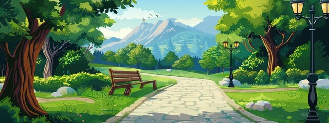 Landscape of a green park with a stone-paved path. There are mountains in the background. Cartoon illustration.