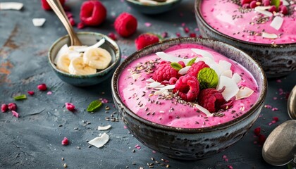 High angle view of healthy breakfast idea pink pitaya smoothie bowls with fruit coconut flakes and linseed - Powered by Adobe