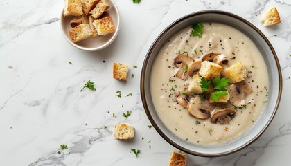 Mushroom soup with vegetarian croutons on white marble