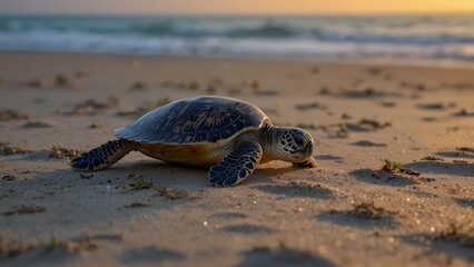 portrait of a turtle sunbathing on the beach