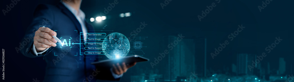 Poster Businessman touch of smart Ai brain by enter command prompt to generate content of text, image, speech and data exchange on internet network, AI, Artificial Intelligence, technology for business.