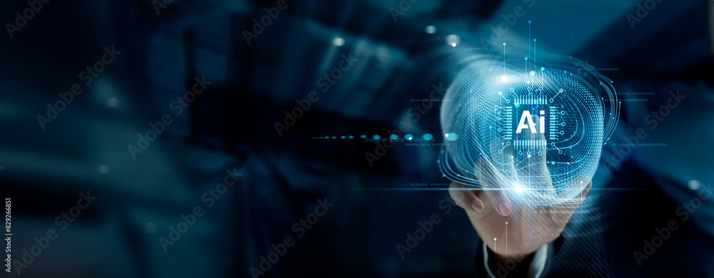 Poster Ai deep learning, Ai big data, Machine learning, Digital technology, Algorithm, Data cyber nano, Internet network connection, Businessman touch ai abstract communication, Innovation future.