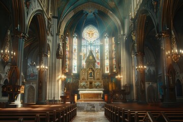 Obraz premium Church Interior. Gothic Architecture of Cathedral with Altar Inside