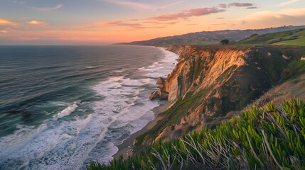 The ocean is crashing against the rocks, creating a powerful and dramatic scene