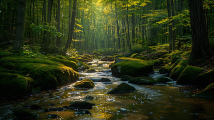 Obraz premium A stream of water flows through a forest with moss growing on the rocks