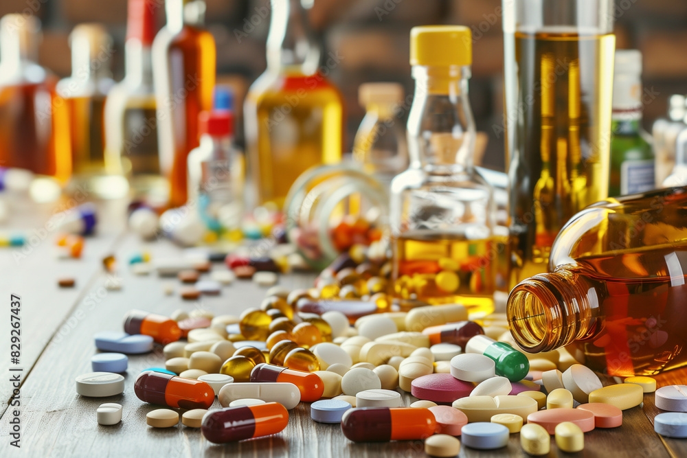 Poster a table with many bottles and pills on it. the bottles are of different colors and sizes, and the pi
