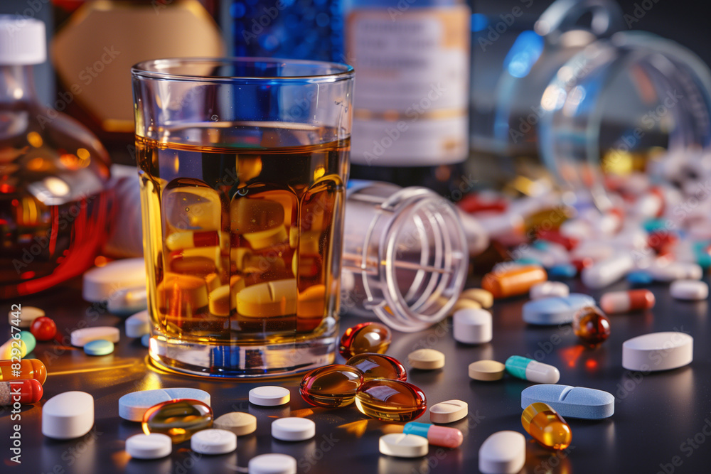 Poster a table with many bottles and pills on it. the bottles are of different colors and sizes, and the pi