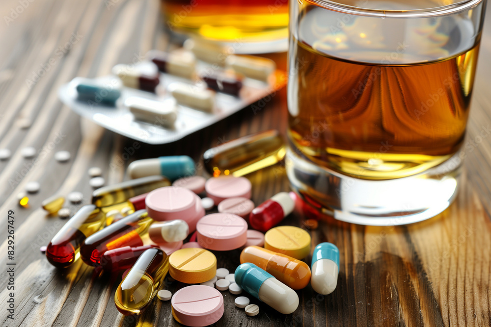 Poster a table with many bottles and pills on it. the bottles are of different colors and sizes, and the pi
