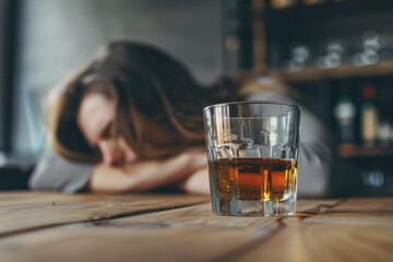 A woman is laying on a table with a glass of alcohol in front of her. Scene is sad and lonely