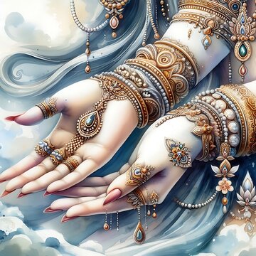 Watercolor Painting of Goddess Parvati's Graceful Hands: Illustration Wall Art
