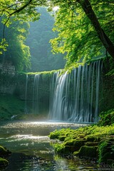 photography, a green lush waterfall in the middle of the jungle, in the style of eastern zhou dynasty, lovely, ferrania, lively and energetic, naturalistic nostalgia, Generate AI.