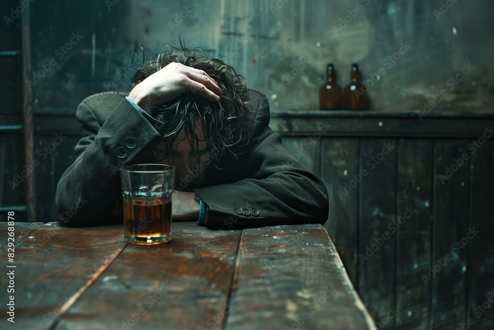 Poster a man is sitting on a table with a bottle of beer in front of him. he is crying and he is in a state