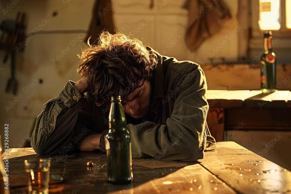 Poster a man is sitting on a table with a bottle of beer in front of him. he is crying and he is in a state