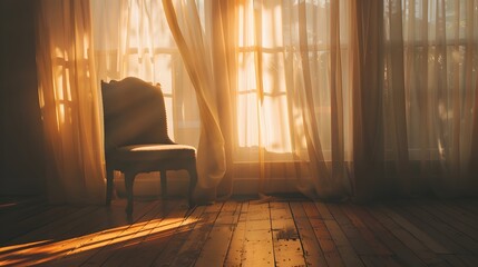 Sunlight streaming through sheer curtains into a room - Powered by Adobe