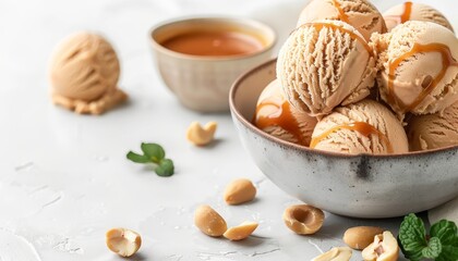 Peanut butter ice cream balls with caramel sauce white kitchen background copy space