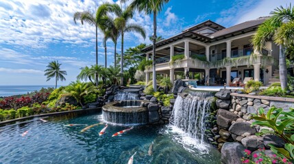 Obraz premium An oceanfront villa with a cascading waterfall and koi pond in the landscaped gardens