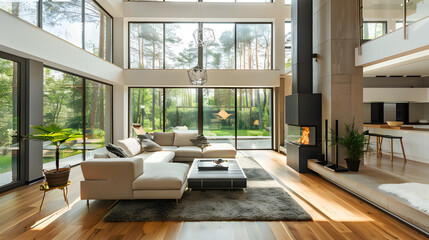A large living room with a fireplace and a large window