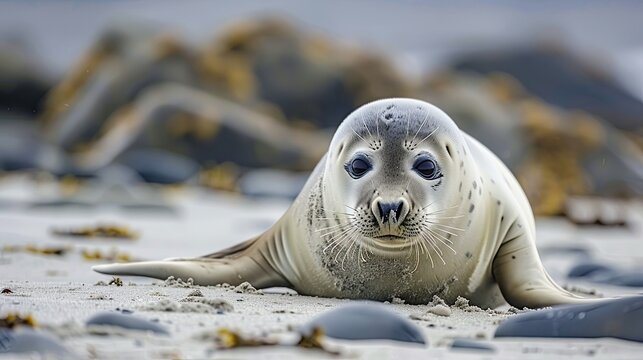 Grey seal (Halichoerus grypus), young animal lies on the beach, island Duene, Helgoland, Lower Saxony, Germany, Europe