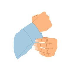 Hands of man with basic nail design isolated on a white background. Male manicure concept. Man fastening cufflinks. Elegance male daily routine. Non-colors manicure, trendy nails. Vector illustration.