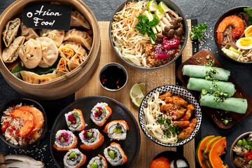 Chinese cuisine dishes on table. Asian food concept.