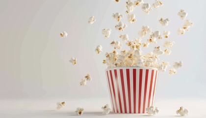 Popcorn pouring into striped bucket on white background