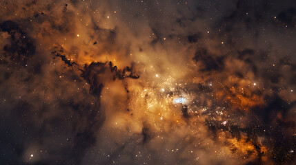 A starry sky with a large cloud of orange and brown