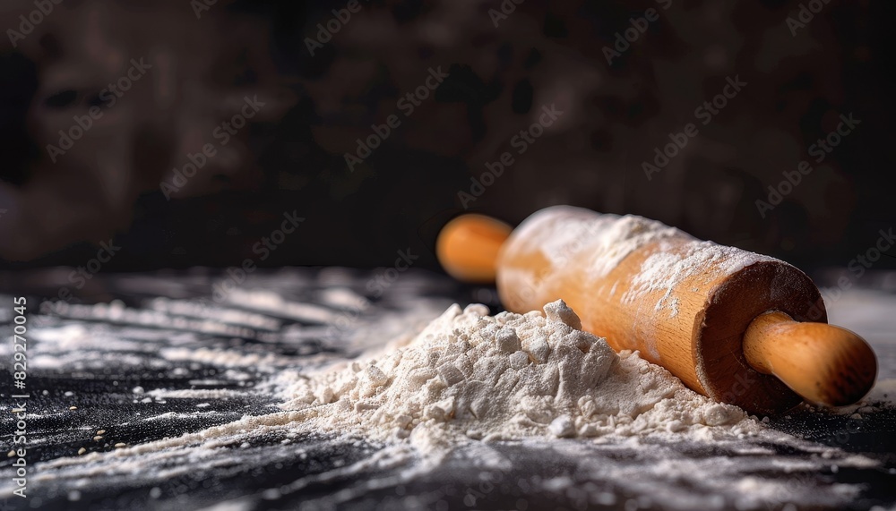 Sticker Preparing dough with a floured rolling pin on a dark background