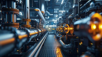 Industry pipeline transport petrochemical, gas and oil processing, furnace factory line, rack of heat chemical manufacturing, equipment steel pipes plant. copy space for text.
