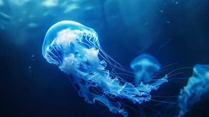 White Jellyfish dansing in the dark blue ocean water