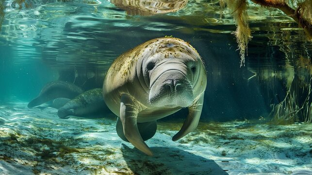 West Indian manatee (Trichechus manatus), female, cow, Three Sisters Springs, Manatee Sanctuary, Crystal River, Florida, USA, North America