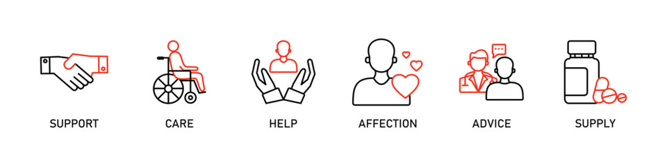 nursing service banner website icons vector illustration with the icons of support, care, help, affection, advice and supply on white background
