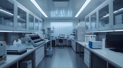 Fototapeta na wymiar A sterile, white lab with a computer on a desk
